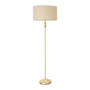 ValueLights Maggie Gold Metal Candlestick Floor Lamp with Natural Fabric Lamp Shade and LED Bulb