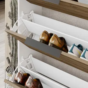 Decortie Kaju Shoe Cabinet 3 Drop-doors 1 Shelf Modern Shoe Storage Solution Dark Oak Effect White H 139cm