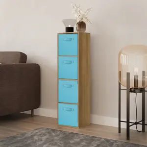 URBNLIVING 106cm Height Distressed Wood 4-Tier Cube Shelving Unit with Sky Blue Inserts