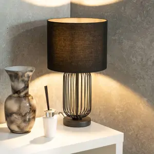 ValueLights Gabbia Pair of Black Wire Cage Metal Bedside Dimmer Touch Table Lamps with Fabric Drum Lampshade