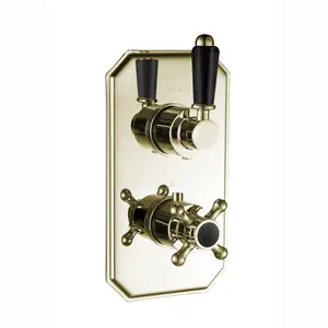 ENKI Regent English Gold Black Traditional Crosshead Single Outlet Brass Thermostatic Twin Shower Valve TSV039