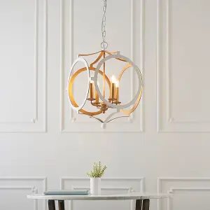 Matt White & Gold Ceiling Pendant Light - 4 Bulb Hanging Circular Frame Fitting