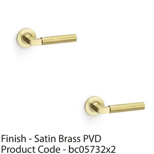 2 PACK - SOLID BRASS Smooth Door Handle Set - Satin Brass Angled Lever on Round Rose