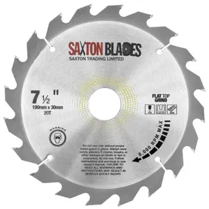 Saxton TCT19020TFTG  TCT Circular Saw Blade 190mm x 20 Teeth x 30mm Bore + 16, 20 and 25mm Rings