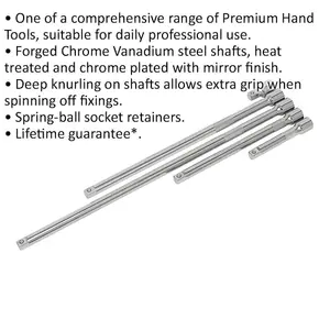 5 Piece Knurled Extension Bar Set - Durable Chrome Vanadium with Spring-Ball Retainers