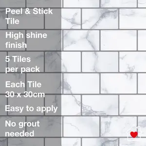 Wall Tile Marble Brick 30.5x30.5cm Grey 5 Tiles Per Pack