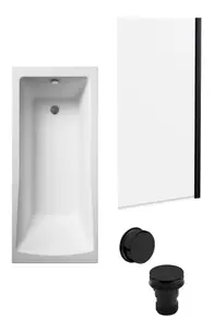 Square Single Ended Bath, Square Black Bath Screen and Waste - 1700 x 700mm