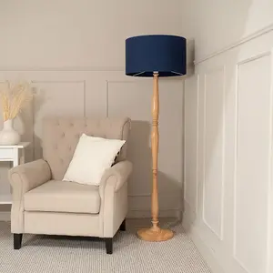 ValueLights Victoria Traditional Light Wood Candlestick Floor Lamp with Navy Blue Drum Shade