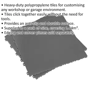 9 Pack Heavy Duty Anti-Slip Grey Treadplate Floor Tiles - 400x400mm Polypropylene