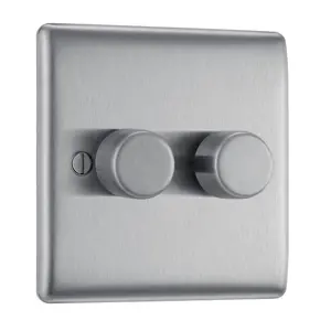 BG Raised slim Silver Steel effect 2 gang profile Double 200W Dimmer switch