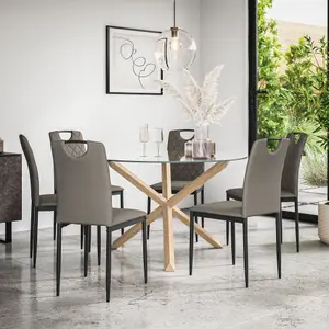 Malvern Round Dining Table And Chairs -  Clear Glass Table Top w Solid Oak Legs + Monza Faux Leather Dining Chair Set Of 6 (Grey)