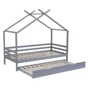 Teddy Kids Childrens Wooden House Treehouse Single Bed Frame With Guest Trundle Bed (Grey)