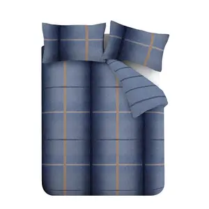 Cotton Chequered Bedding with Pillowcases Blue / Double Duvet Cover + 2 Standard Pillowcases