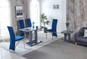 Modernique Rocco Grey Gloss Finish MDF Dining Table with 4 Blue Velvet Dining Chairs