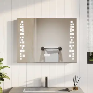 LED Illuminated Anti Fog Sensor Bathroom Mirror with Shaver Socket and Digital Clock