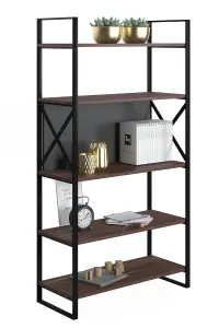 Meta Bookcase Free Standing Storage Shelf with Metal Frame, 86 x 35 x 165 cm 5 Display Shelves, Bookshelf, Open Cabinet, Walnut