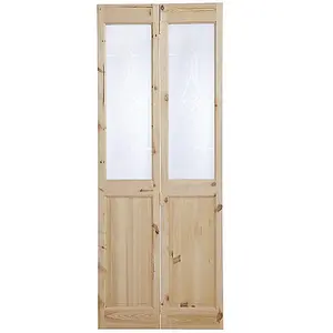 Vertical 2 panel 2 Lite Decorative Glazed Victorian Unfinished Natural Knotty pine Internal Folding Bi-fold Door set, (H)1946mm (W)675mm