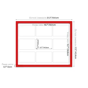 20x16 Inch 9 Opening Photo Collage Frame, Display Nine 6x4 Inch Photos, Multi Aperture Family Picture Frame, Red