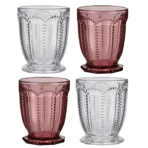 Set of 4 Vintage Luxury Clear & Purple Embossed Short Drinking Glass Whiskey Glass Tumblers 340ml