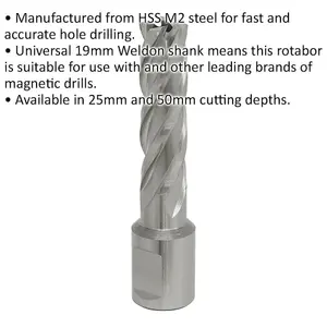 14mm x 50mm Depth Rotabor Cutter - M2 Steel Annular Metal Core Drill 19mm Shank