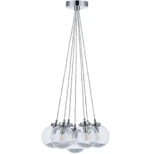 Multi Light Ceiling Pendant CHROME & GLASS 7 Bulb Modern Round Shade Drop Lamp