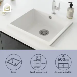 GoodHome Sorrel White Composite quartz 1 Bowl Kitchen sink 550mm x 460mm