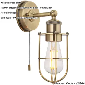 IP44 Bathroom Wall Light - Antique Brass Caged Lamp - Industrial Style Toggle Switch