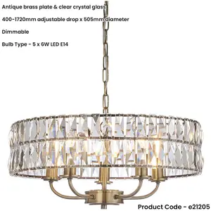 Multi Arm Hanging Ceiling Pendant Light - Antique Brass Plate & Clear Crystal Glass - 5 X 6W LED E14