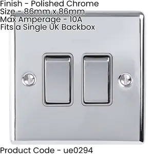 2 Gang Double Light Switch POLISHED CHROME 2 Way 10A GREY Trim & Metal Rocker