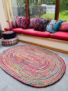 MISHRAN Oval Rug Braid Hand Woven with Recycled Fabric - Jute - L120 x W180