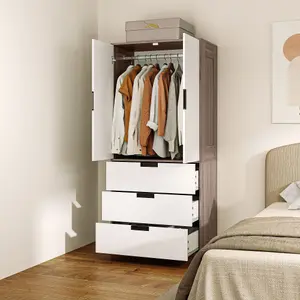 HOMCOM 2 Door Wardrobe Brown Wardrobe with 3 Drawer and Hanging Rod Brown