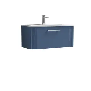 Retro 1 Drawer Wall Hung Vanity Unit with Curved 1 Tap Hole Ceramic Basin - 800mm - Satin Blue - Balterley