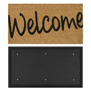 JVL Granite Rubber Tray Base Coir Doormat 40x70cm Welcome