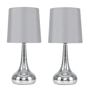 ValueLights Pair Of Modern Silver Chrome Teardrop Touch Bed Side Table Lamps With Grey Fabric Shades