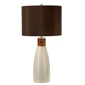 Table Lamp Brown Leather Brass Strap Brown Faux Silk Cylinder Shade LED E27 60W