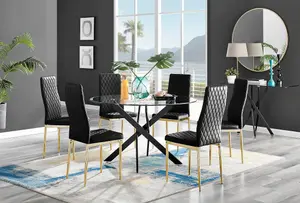 Furniturebox UK Novara Black Leg 120cm Round Glass Dining Table & 6 Black Velvet Milan Gold Leg Chairs