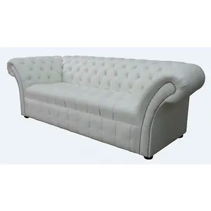 Chesterfield 3 Seater Buttoned Seat Winter White Leather Sofa Bespoke In Balmoral Style