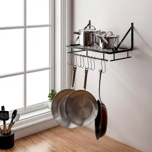 Kitchen Metal Shelves Saucepan Pan Pot Rack Storage Shelf with 10 Hooks Wall Mounted W 45 cm