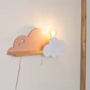 ValueLights Kids Pink and White Dinosaur Design Plug in Wall Light with Shelf and Pull Cord Switch - Including Bulb