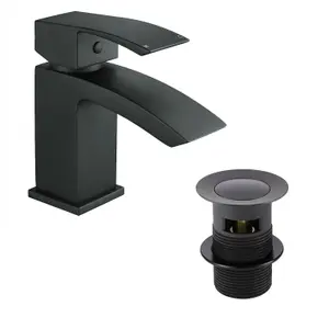 Black Matt Waterfall Basin & Bath Filler Tap Lever Square Deck Mounted Inc. Bath Waste