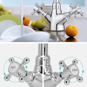 JASSFERRY Kitchen Mixer Tap Monobloc Brass Two Crosshead Lever Swivel Spout Chrome