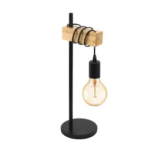 EGLO Townshend Black Metal & Natural Wood Table Lamp - Industrial Chic Design (D) 17.5cm