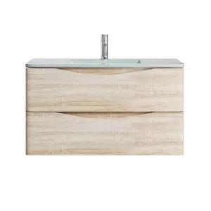 Eden 900mm Wall Hung Vanity Unit in Light Oak & White Glass Basin