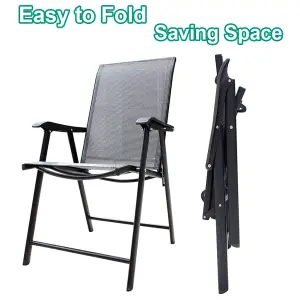 Set of 2 Outdoor Black Back Metal Frame and Fabric Folding Chairs with Armrests