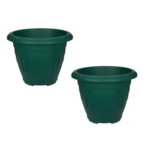 2 x Green Round Venetian Pot Decorative Plastic Garden Flower Planter Pot 24cm