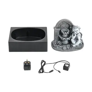 Grey Resin Tabletop Cherub  Electric Fountain Water Feature with LED Light