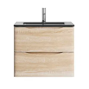 Eden 600mm Wall Hung Vanity Unit in Light Oak & Grey Glass Basin