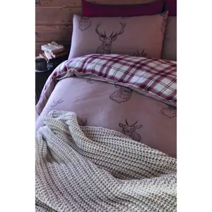 Stag Check Reversible Duvet Cover Set with Pillowcases Beige / Double Duvet Cover + 2 Standard Pillowcases