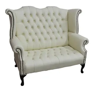 Chesterfield 2 Seater High Back Sofa Shelly Cream Leather Bespoke In Queen Anne Style