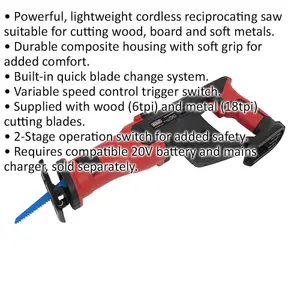 20V Cordless Reciprocating Saw - 22mm Stroke - BODY ONLY - Durable & Lightweight